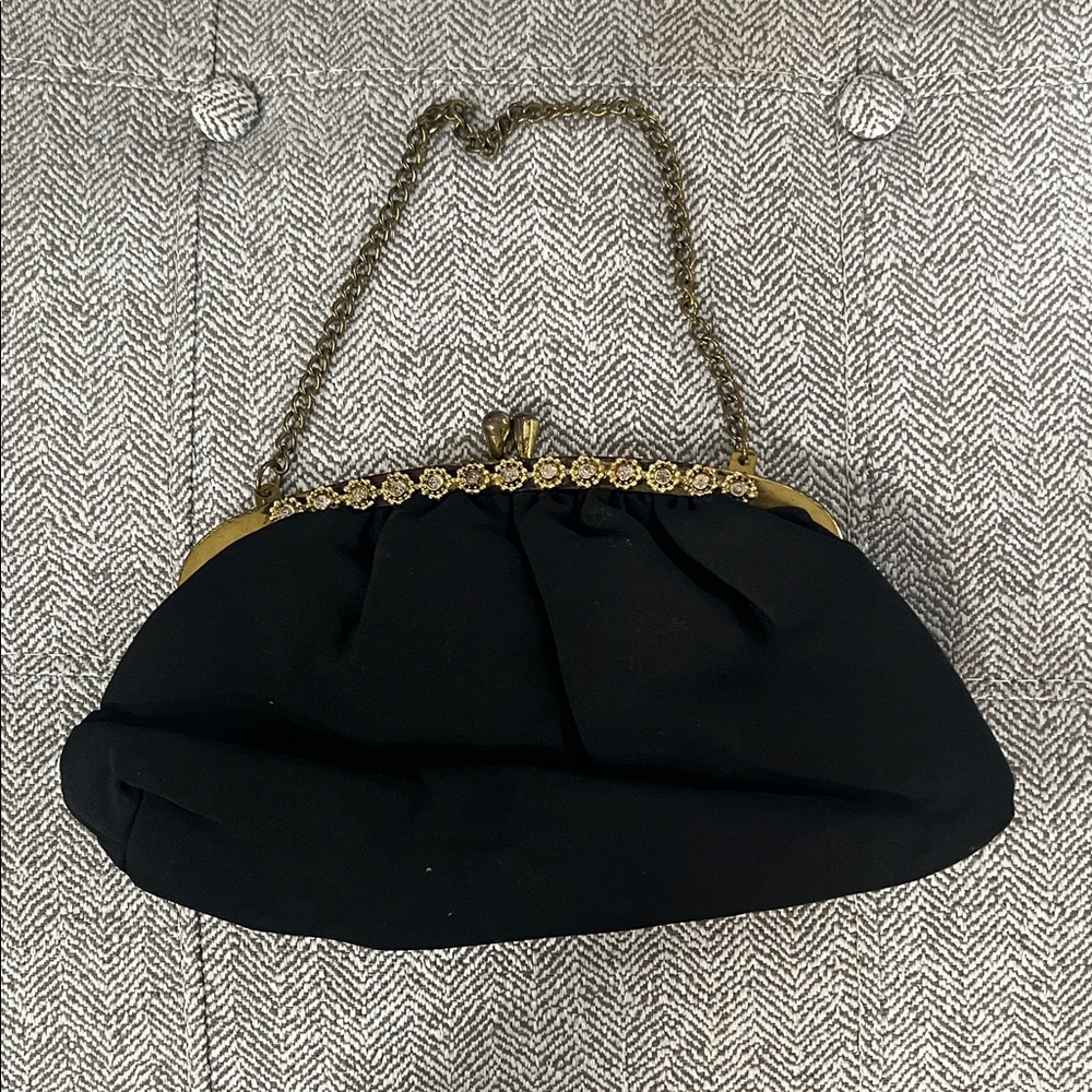 Vintage Black Satin Evening Clutch Gold Chain Rhinestone Frame Lock Cocktail Bag